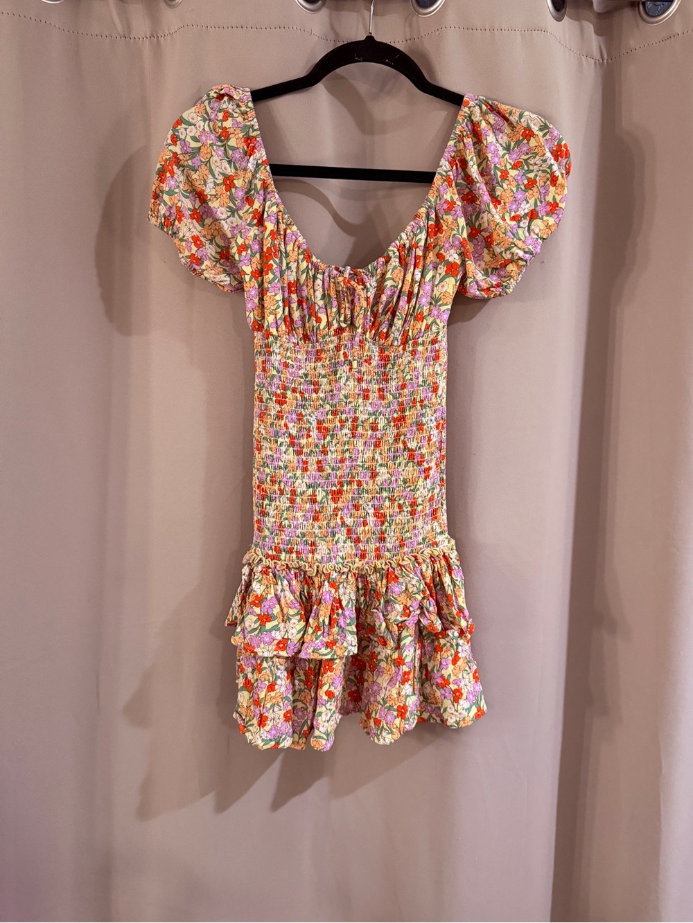 Kids Floral Smocked Puff Sleeve Mini Dress - Pink Orange Green